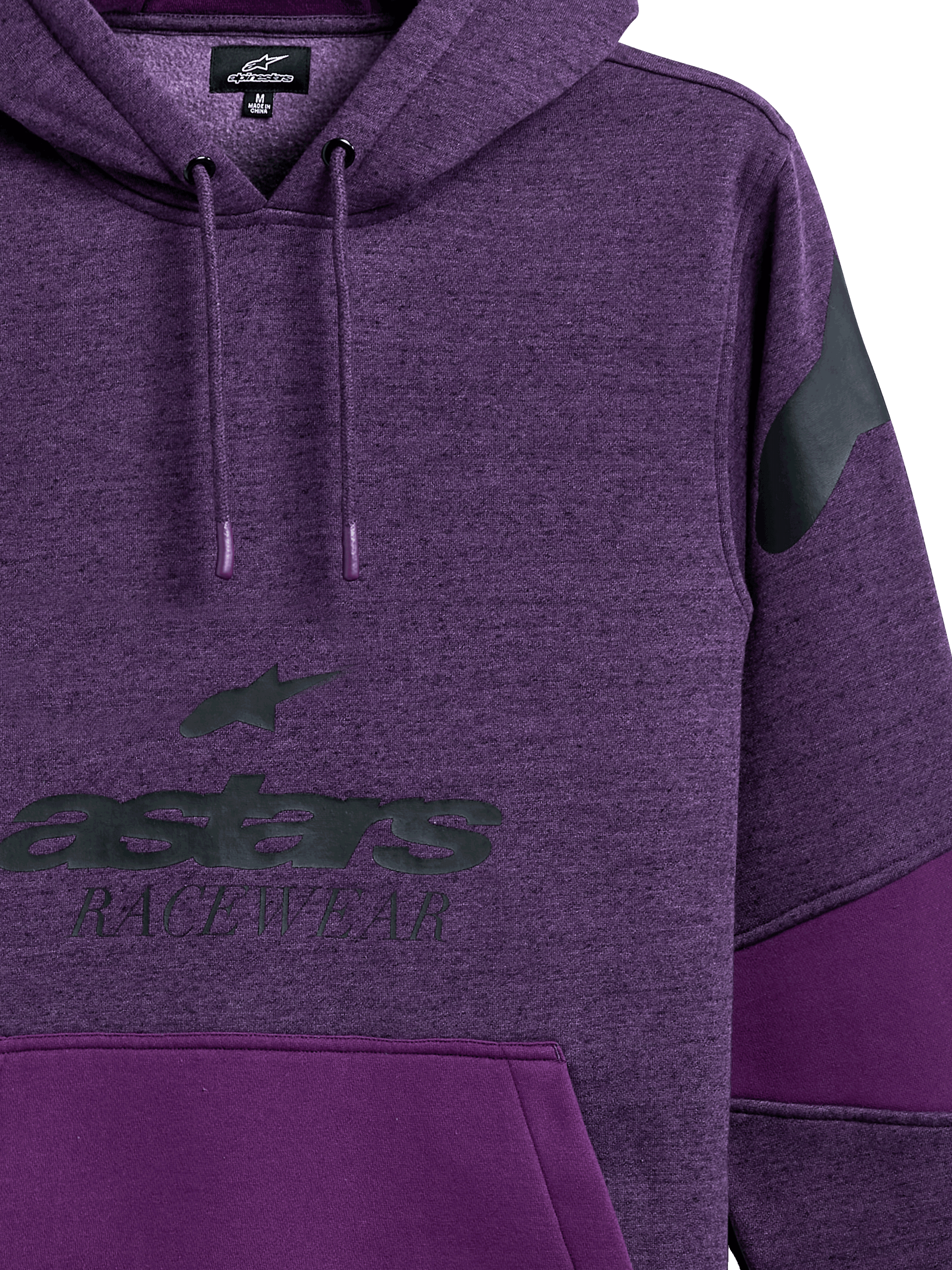 Alpinestars Perpetuate Hoodie, purple heather pullover hoodie, black astars RACEWEAR chest graphic, black shoulder logo, fabric blocking with solid purple panels, drawstring hood with dipped tips, casual motorsport-inspired design