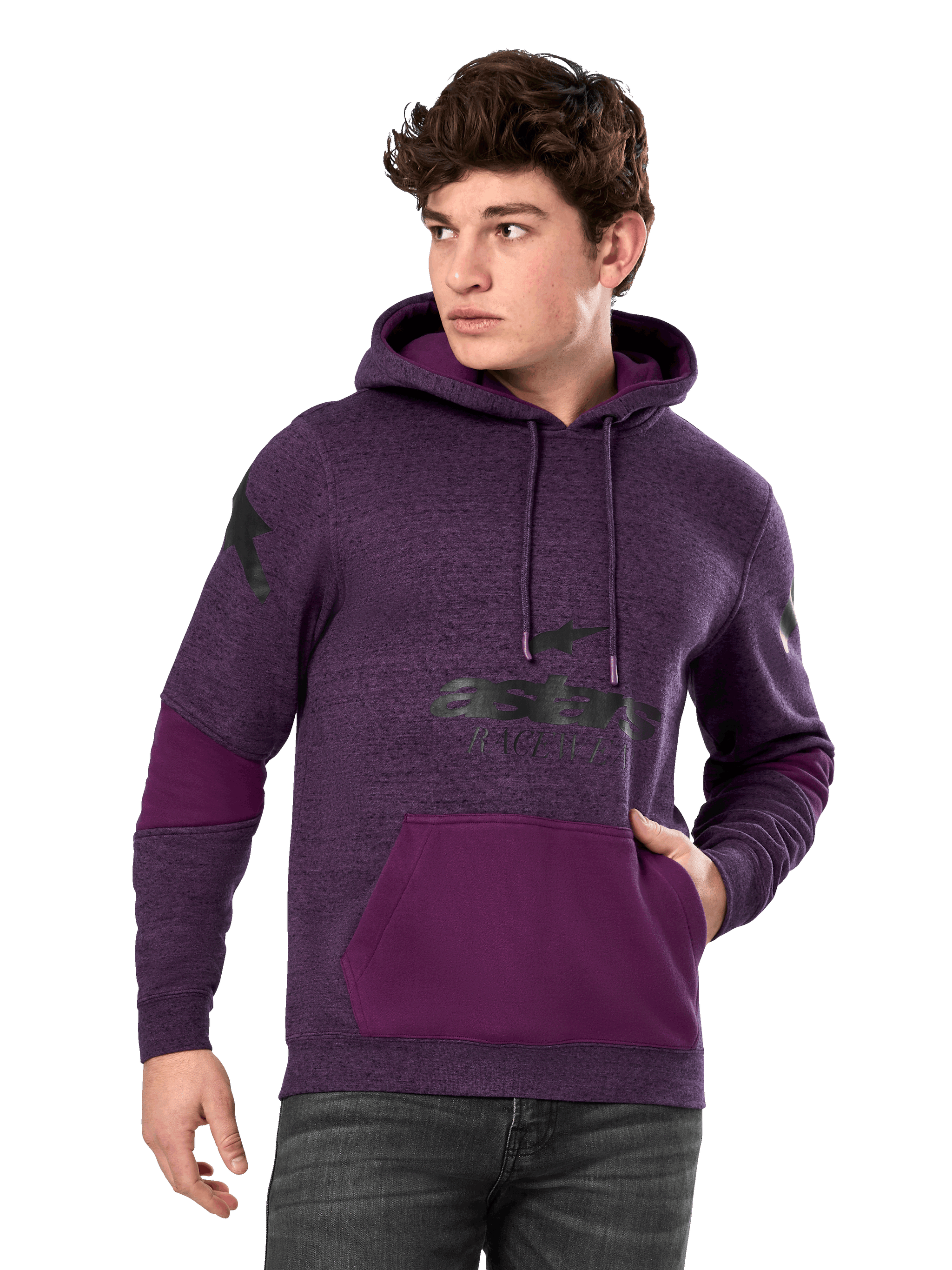 Alpinestars Perpetuate Hoodie, Purple Heather and Dark Purple, Men's Pull-over Fleece, Black Logo Graphics, Kangaroo Pocket, Casual Motorsport-Inspired Streetwear