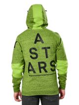 Alpinestars Perpetuate Hoodie, back view, lime green heathered fleece with solid green fabric blocking on hood and sleeves, large black ASTARS graphic on back, casual motorsport-inspired streetwear