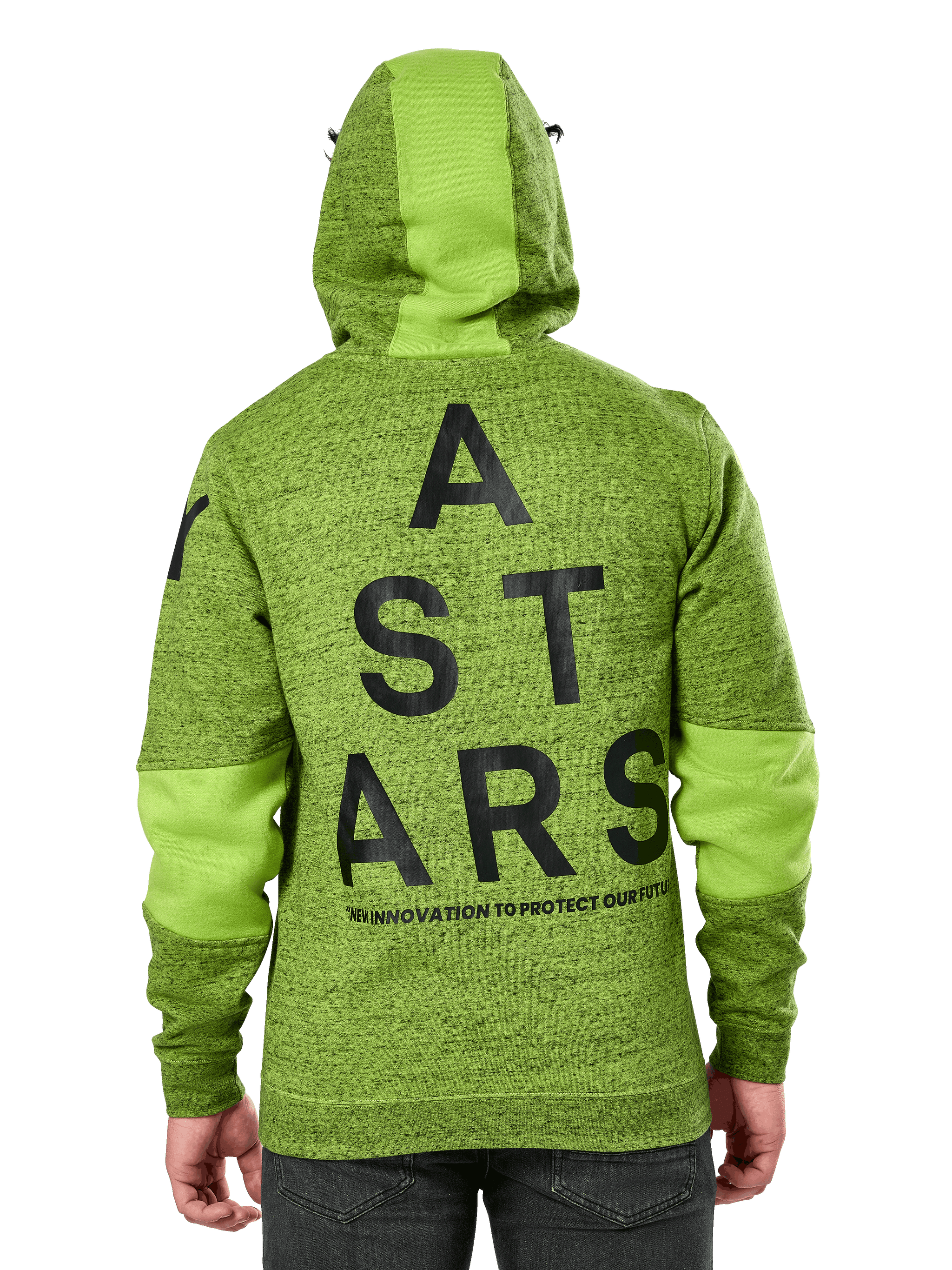 Alpinestars Perpetuate Hoodie, back view, lime green heathered fleece with solid green fabric blocking on hood and sleeves, large black ASTARS graphic on back, casual motorsport-inspired streetwear