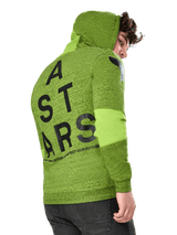 Alpinestars Perpetuate Hoodie, Casual Sportswear Hoodie, Lime Green Heathered Fleece, rear view featuring large black vertical ASTARS graphic on back and shoulder logo, fabric blocking on sleeves, drawstring hood, modern motorsport-inspired streetwear.