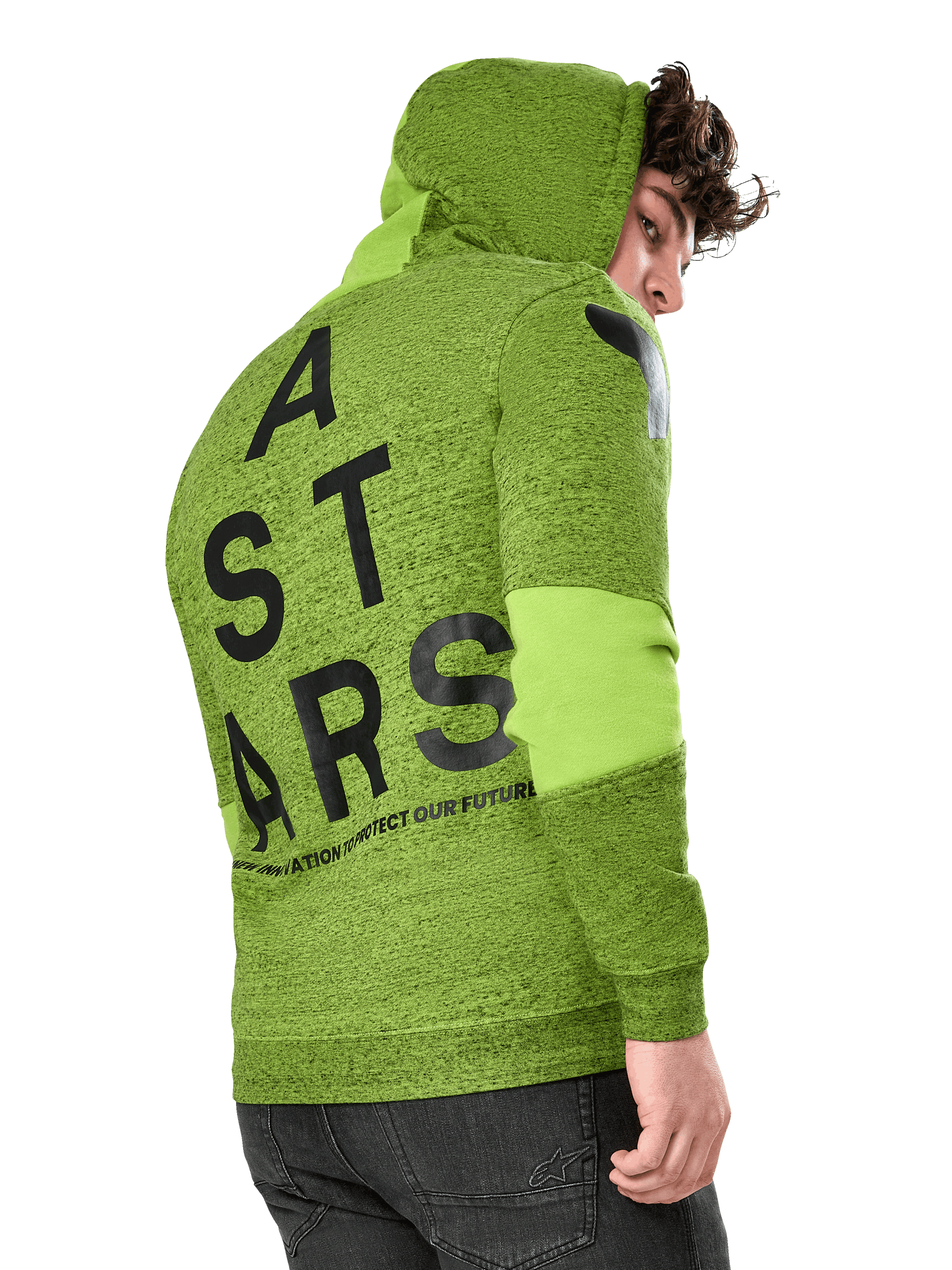 Alpinestars Perpetuate Hoodie, Casual Sportswear Hoodie, Lime Green Heathered Fleece, rear view featuring large black vertical ASTARS graphic on back and shoulder logo, fabric blocking on sleeves, drawstring hood, modern motorsport-inspired streetwear.