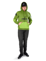 Alpinestars Perpetuate Hoodie, Lime Green heather pullover fleece with contrasting bright green kangaroo pocket and sleeve panels, black 'astars' front graphic, styled with a black cap and dark jeans, casual motorsport-inspired streetwear