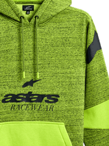 Alpinestars Perpetuate Hoodie, Lime Green heather pullover, featuring black 'astars RACEWEAR' graphic, solid lime kangaroo pocket with fabric blocking, drawstring hood, and shoulder logo, casual motorsport-inspired sportswear.