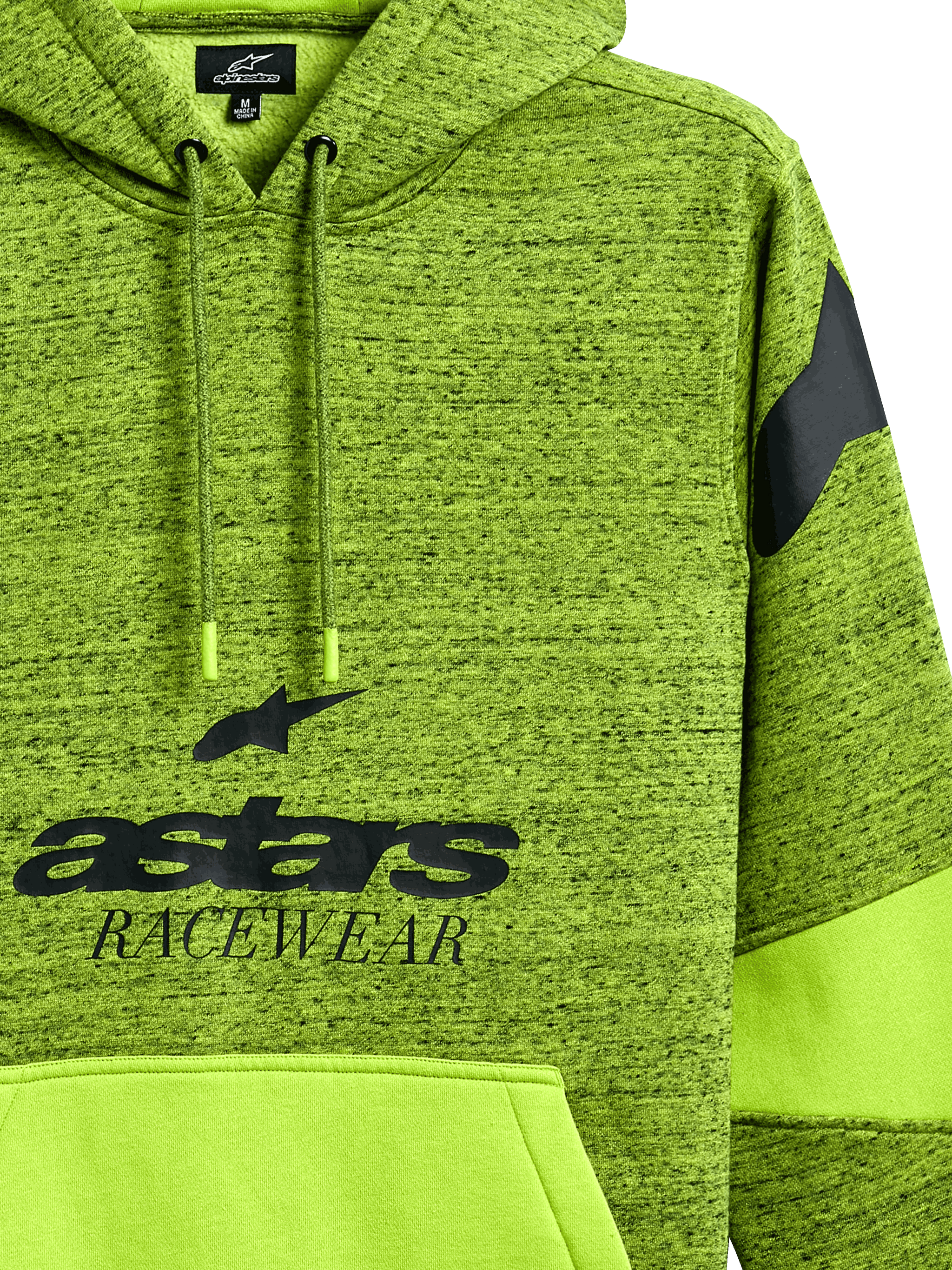 Alpinestars Perpetuate Hoodie, Lime Green heather pullover, featuring black 'astars RACEWEAR' graphic, solid lime kangaroo pocket with fabric blocking, drawstring hood, and shoulder logo, casual motorsport-inspired sportswear.