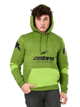 Alpinestars Perpetuate Hoodie, Men's Heather Green and Lime Pullover, featuring bright lime green color blocking on the kangaroo pocket and sleeves, black 'astars RACEWEAR' graphic on the chest and star logos on the shoulders, casual motorsport streetwear
