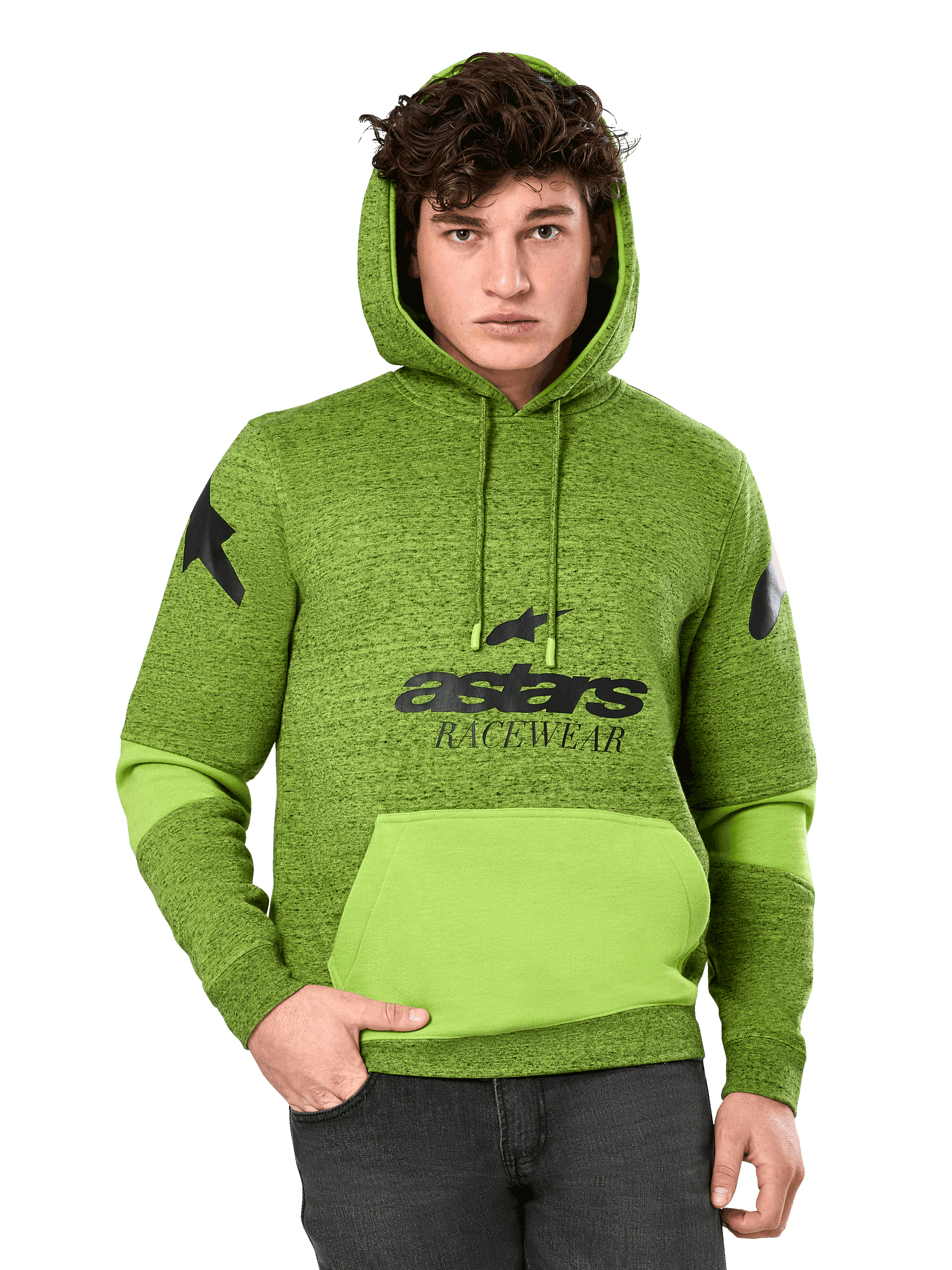Alpinestars Perpetuate Hoodie, Men's Heather Green and Lime Pullover, featuring bright lime green color blocking on the kangaroo pocket and sleeves, black 'astars RACEWEAR' graphic on the chest and star logos on the shoulders, casual motorsport streetwear
