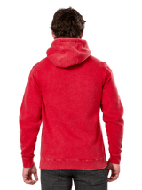 Alpinestars Unbound Hoodie, back view of red garment-dyed fleece pullover, casual streetwear, featuring rib cuffs and hem, self-lined hood, worn with dark pants