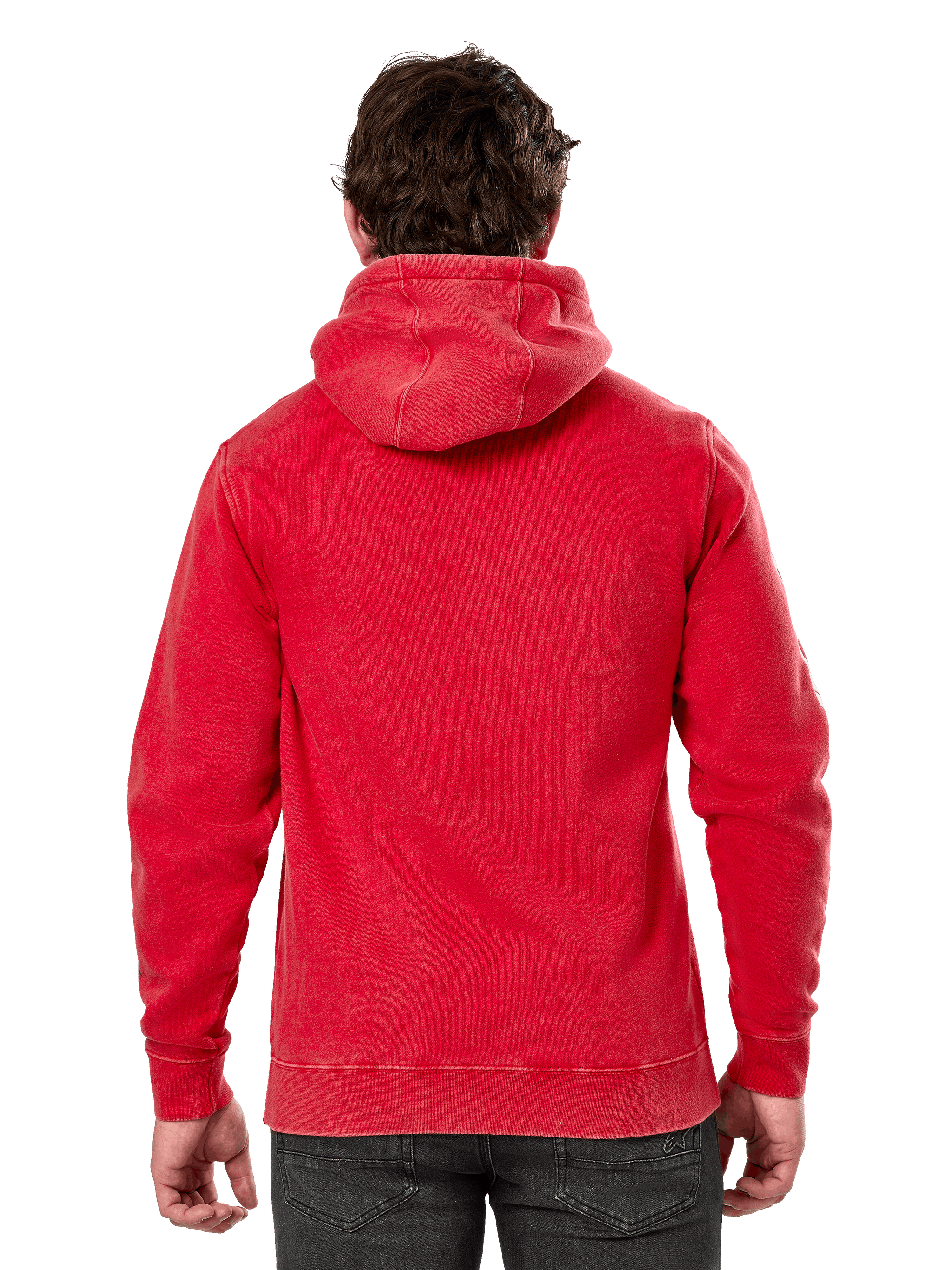 Alpinestars Unbound Hoodie, back view of red garment-dyed fleece pullover, casual streetwear, featuring rib cuffs and hem, self-lined hood, worn with dark pants
