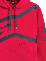 Alpinestars Unbound Hoodie, Red, close-up of front chest and sleeve with large dark grey graphic logos, drawstring hood, kangaroo pocket, casual motorsport-inspired streetwear