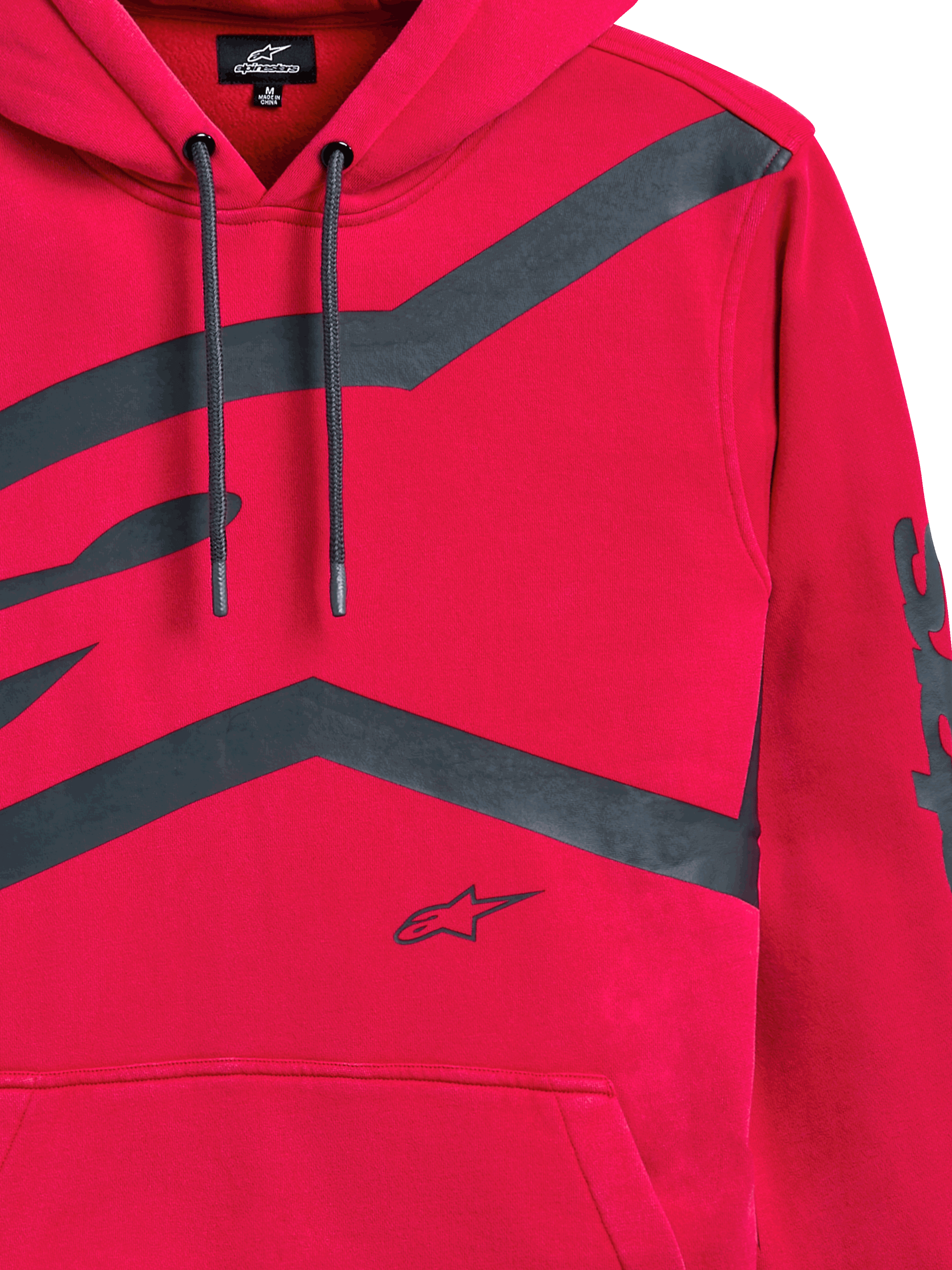 Alpinestars Unbound Hoodie, Red, close-up of front chest and sleeve with large dark grey graphic logos, drawstring hood, kangaroo pocket, casual motorsport-inspired streetwear