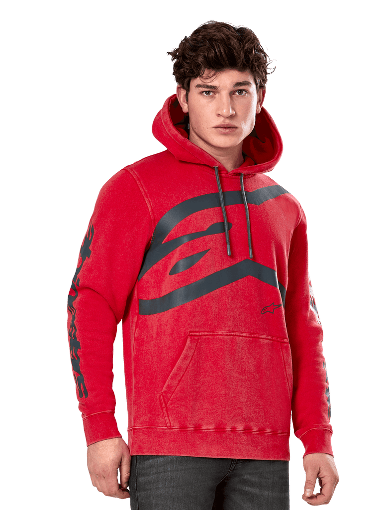 Alpinestars Unbound Hoodie, Pullover Fleece Hoodie, Garment-dyed Red, Large grey logo on chest, Alpinestars wordmark on sleeves, front kangaroo pocket and drawstring hood, casual motorsport-inspired streetwear