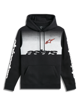 Alpinestars Specter Hoodie, black pullover fleece hoodie with a white gradation fade print, kangaroo pocket, red front logo and white wordmark logos on the sleeves