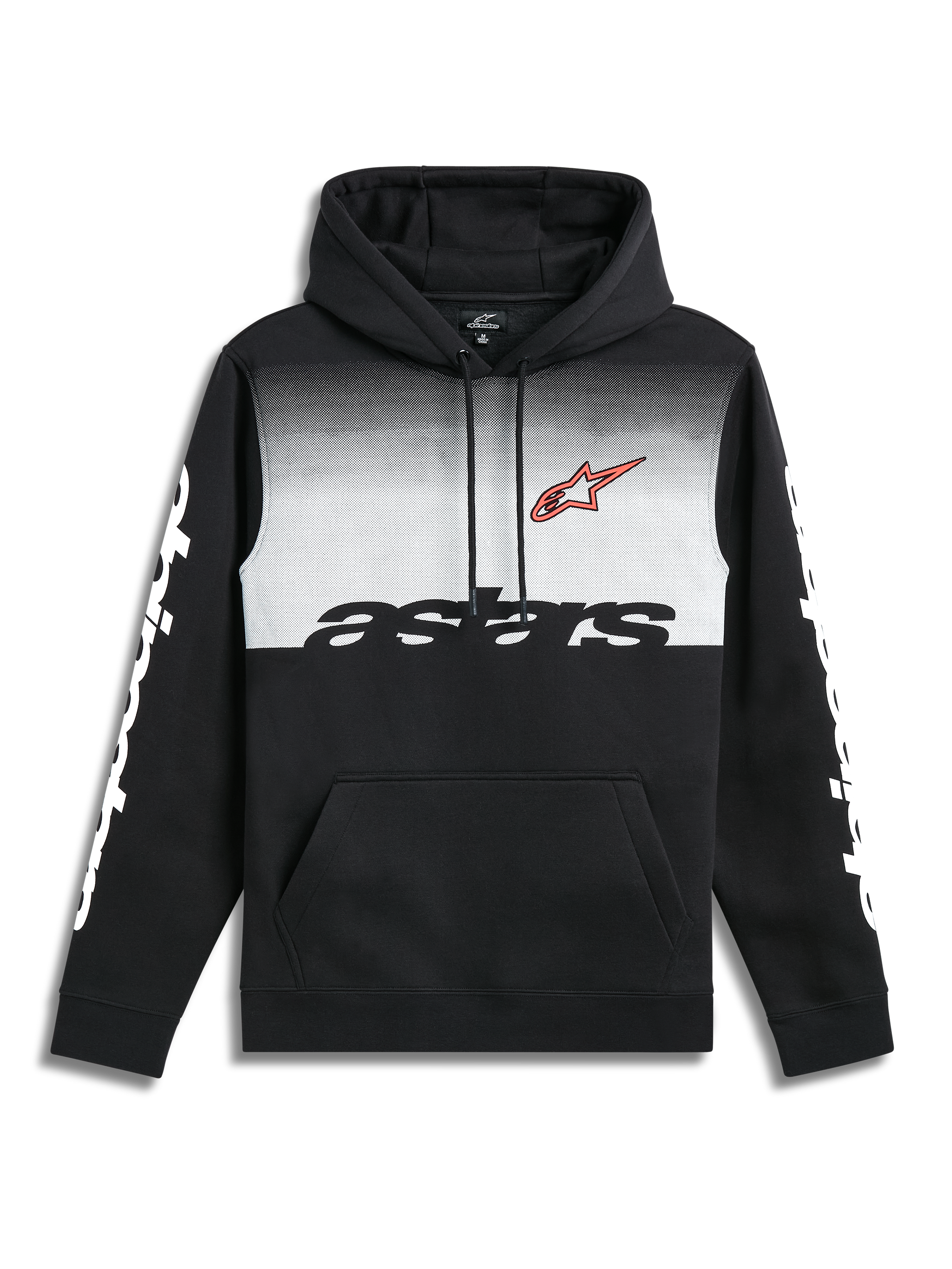 Alpinestars Specter Hoodie, black pullover fleece hoodie with a white gradation fade print, kangaroo pocket, red front logo and white wordmark logos on the sleeves
