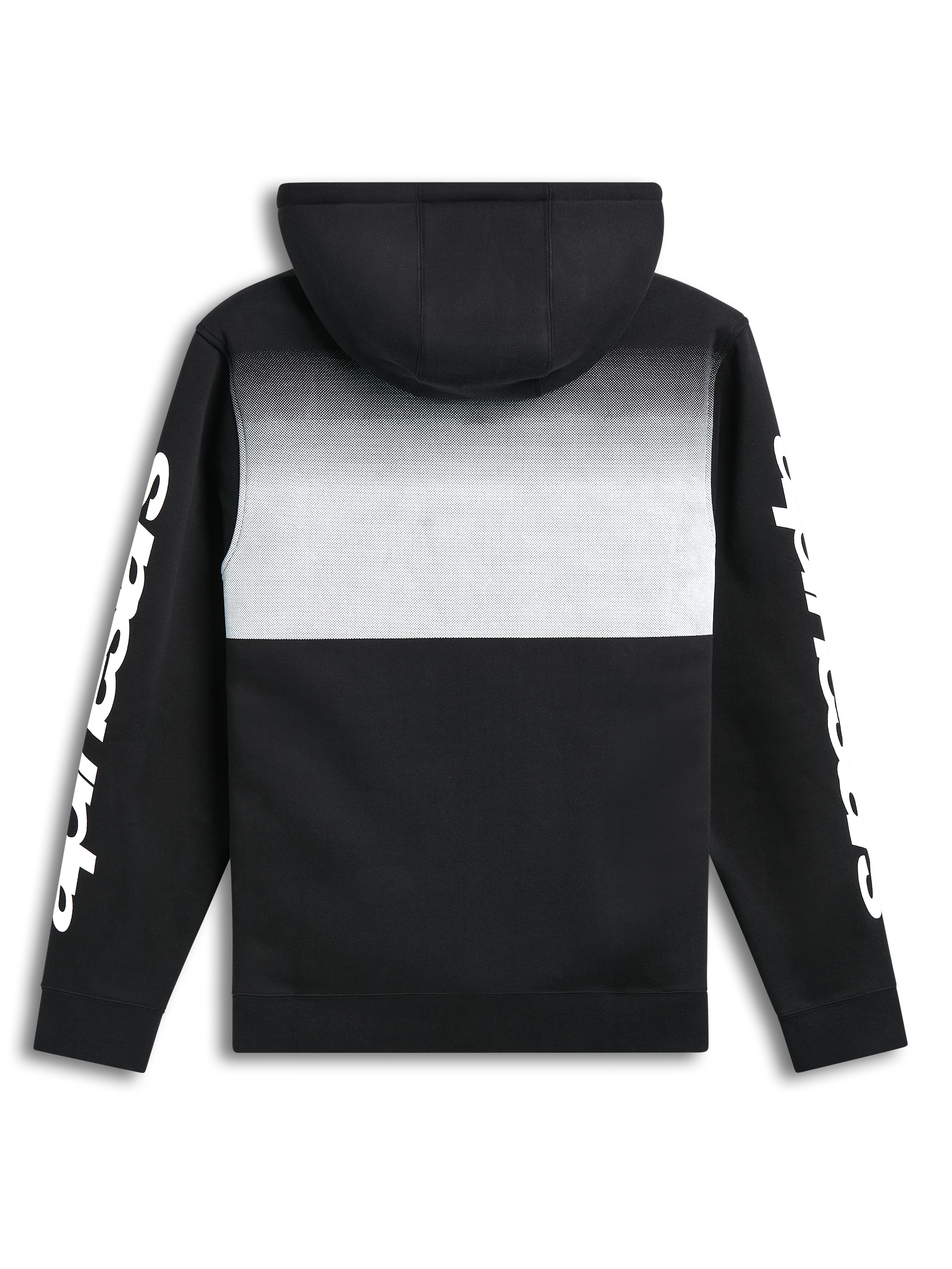 Alpinestars Specter Hoodie, black and white fleece pullover hoodie, rear view showing gradation fade print and sleeve wordmark branding