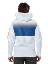 Alpinestars Specter Hoodie, White, casual streetwear hoodie with a blue gradation fade print on the back, orange wordmark logo on the sleeve, back view