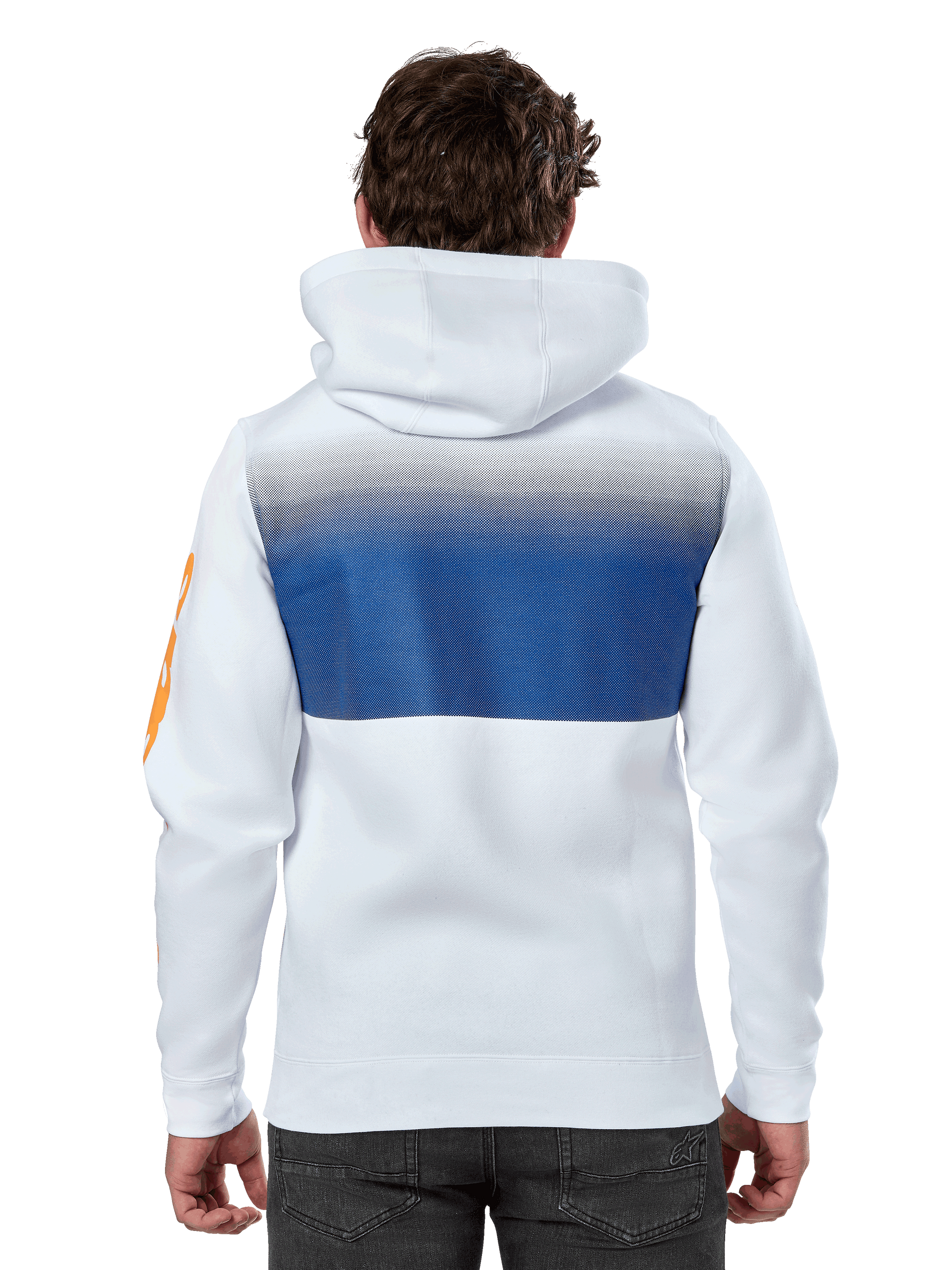 Alpinestars Specter Hoodie, White, casual streetwear hoodie with a blue gradation fade print on the back, orange wordmark logo on the sleeve, back view