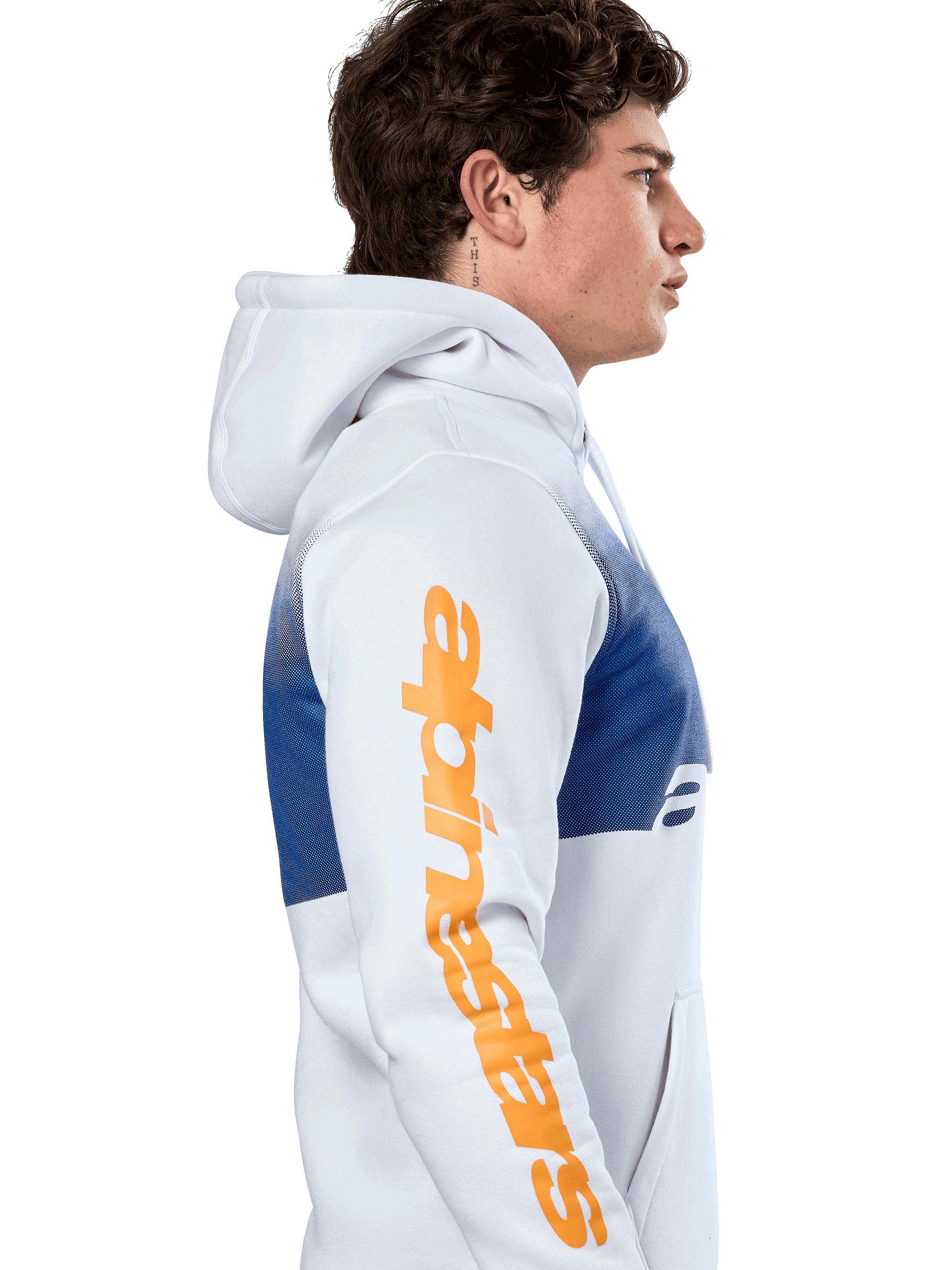 Alpinestars Specter Hoodie, casual streetwear, white with blue gradation fade print, large orange Alpinestars wordmark on sleeve, side profile of man wearing pullover hoodie