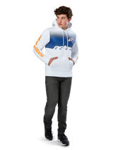 Alpinestars Specter Hoodie, White pullover fleece with blue gradation fade print, orange HD front logo and sleeve wordmarks, featuring a kangaroo pocket and drawstring hood, worn with dark jeans for a casual motorsport-inspired look