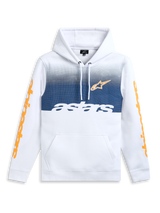 Alpinestars Specter Hoodie, white sportswear fleece pullover with gradation fade print, kangaroo pocket, and orange sleeve wordmarks