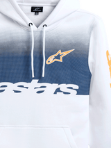 Alpinestars Specter Hoodie, White with navy blue gradation fade print, featuring orange Alpinestars star logo and white wordmark, casual motorsport-inspired streetwear fleece hoodie with drawstring hood