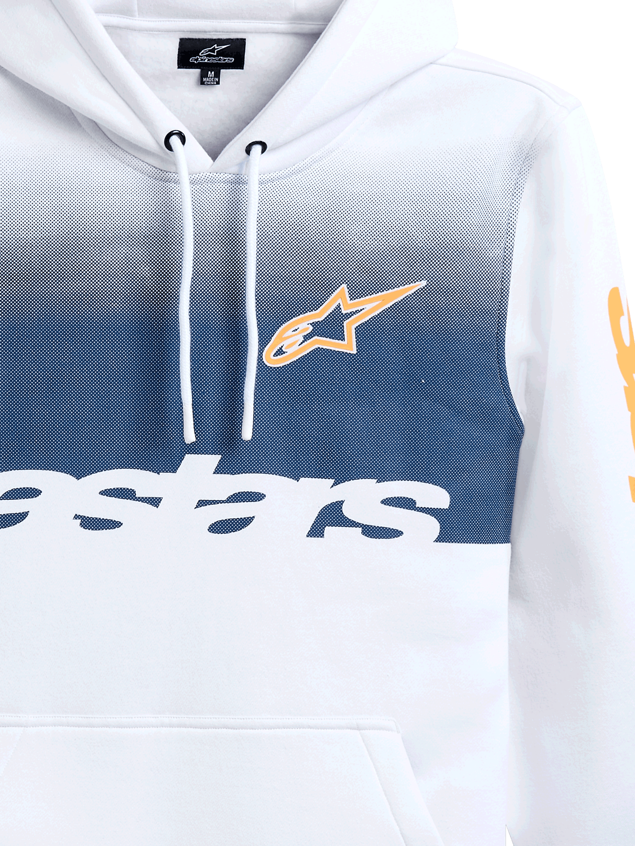 Alpinestars Specter Hoodie, White with navy blue gradation fade print, featuring orange Alpinestars star logo and white wordmark, casual motorsport-inspired streetwear fleece hoodie with drawstring hood