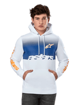 Alpinestars Specter Hoodie, White with blue gradient chest panel, featuring orange star logo and sleeve wordmarks, white astars text, front kangaroo pocket, drawstring hood, casual motorsport streetwear