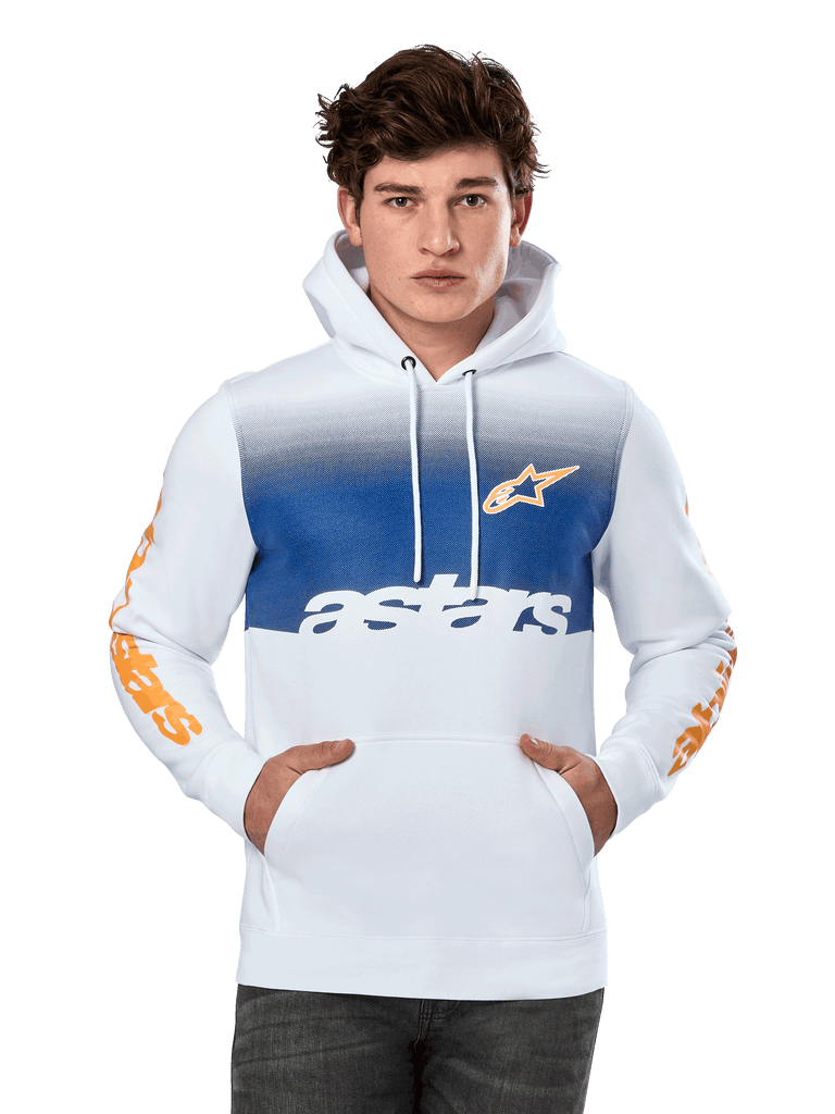 Alpinestars Specter Hoodie, White with blue gradient chest panel, featuring orange star logo and sleeve wordmarks, white astars text, front kangaroo pocket, drawstring hood, casual motorsport streetwear