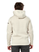 Alpinestars Insignia Hoodie, back view of a man wearing a casual pullover fleece, Off White, featuring a self-lined hood and ribbed cuffs, motorsport-inspired streetwear