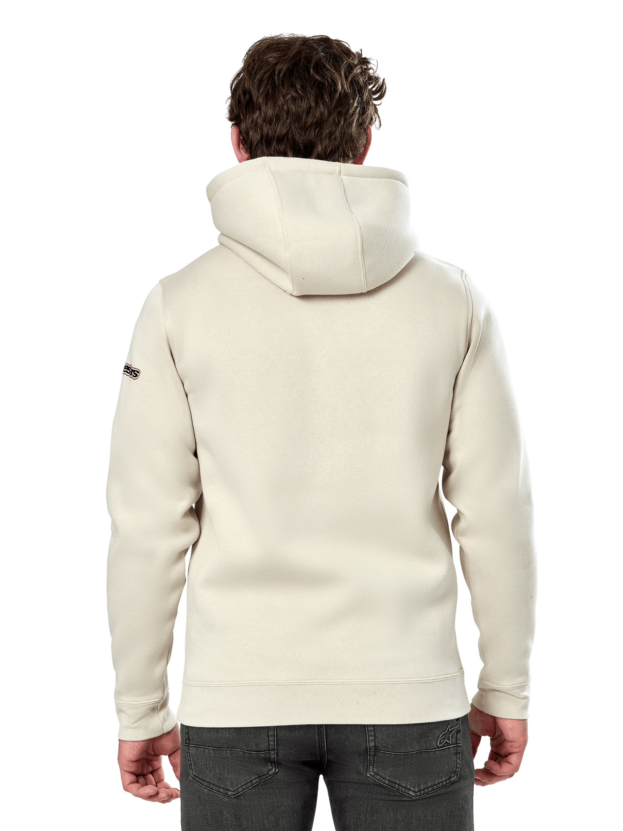 Alpinestars Insignia Hoodie, back view of a man wearing a casual pullover fleece, Off White, featuring a self-lined hood and ribbed cuffs, motorsport-inspired streetwear