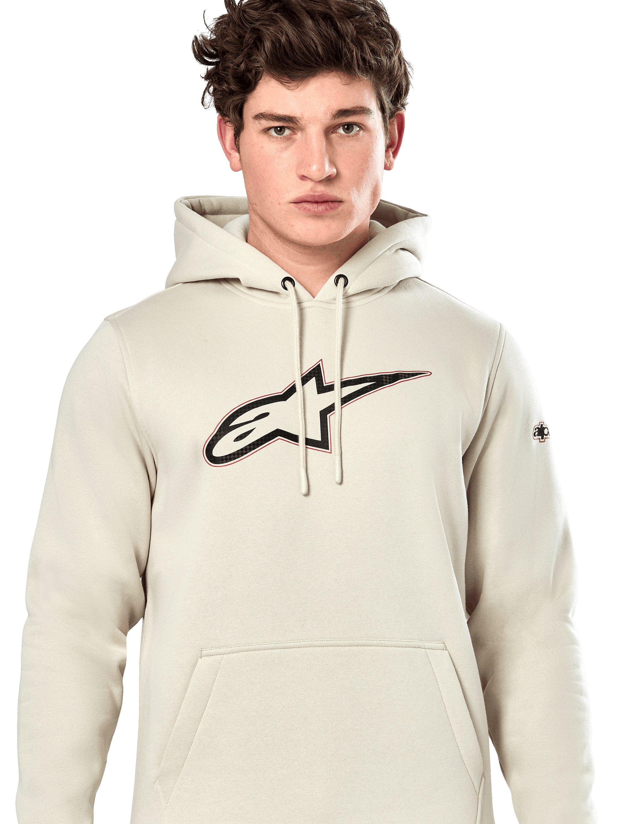 Alpinestars Insignia Hoodie, casual pullover sweatshirt, Off White with carbon fiber look logo on chest, red outline detail, drawstring hood and kangaroo pocket, worn by model, motorsport-inspired design