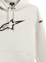Alpinestars Insignia Hoodie, Casual Pullover Fleece, Off White, Large Astars Chest Logo with Red Outline, Sleeve Branding, Drawstring Hood, Kangaroo Pocket, Motorsport-Inspired Design
