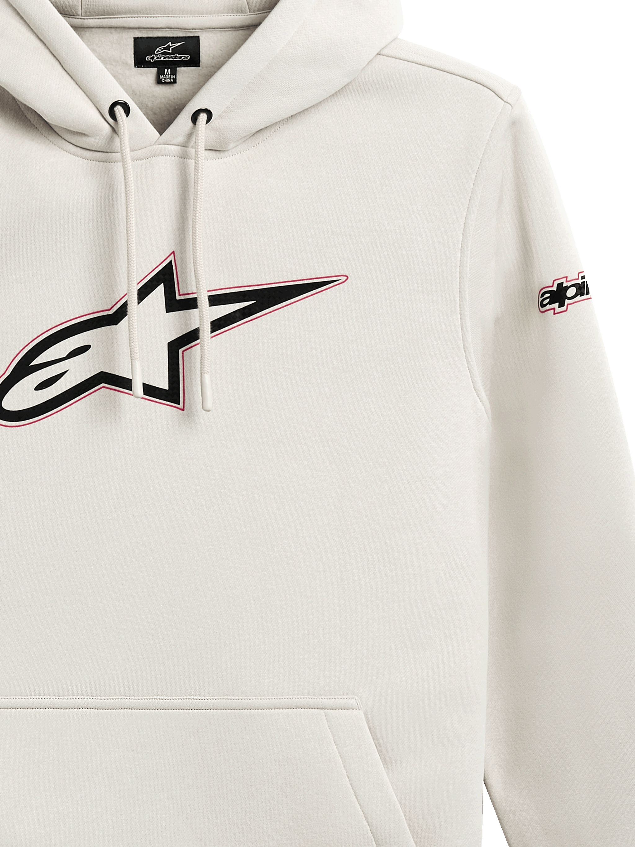 Alpinestars Insignia Hoodie, Casual Pullover Fleece, Off White, Large Astars Chest Logo with Red Outline, Sleeve Branding, Drawstring Hood, Kangaroo Pocket, Motorsport-Inspired Design