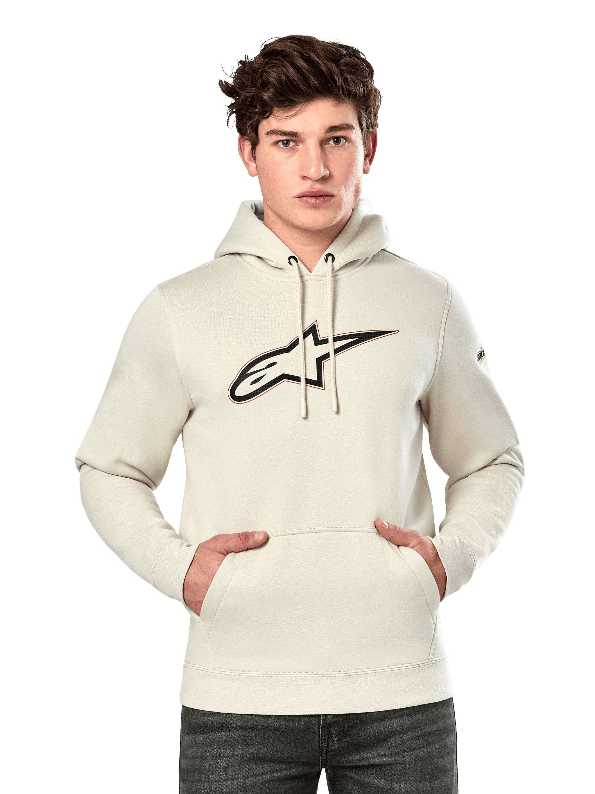 Alpinestars Insignia Hoodie, Off White pullover fleece, male model wearing hoodie with large carbon fiber look Alpinestars logo on chest featuring a red outline, kangaroo pocket, drawstring hood, casual motorsport-inspired streetwear