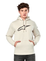 Alpinestars Insignia Hoodie, Off White pullover fleece, male model wearing hoodie with large carbon fiber look Alpinestars logo on chest featuring a red outline, kangaroo pocket, drawstring hood, casual motorsport-inspired streetwear