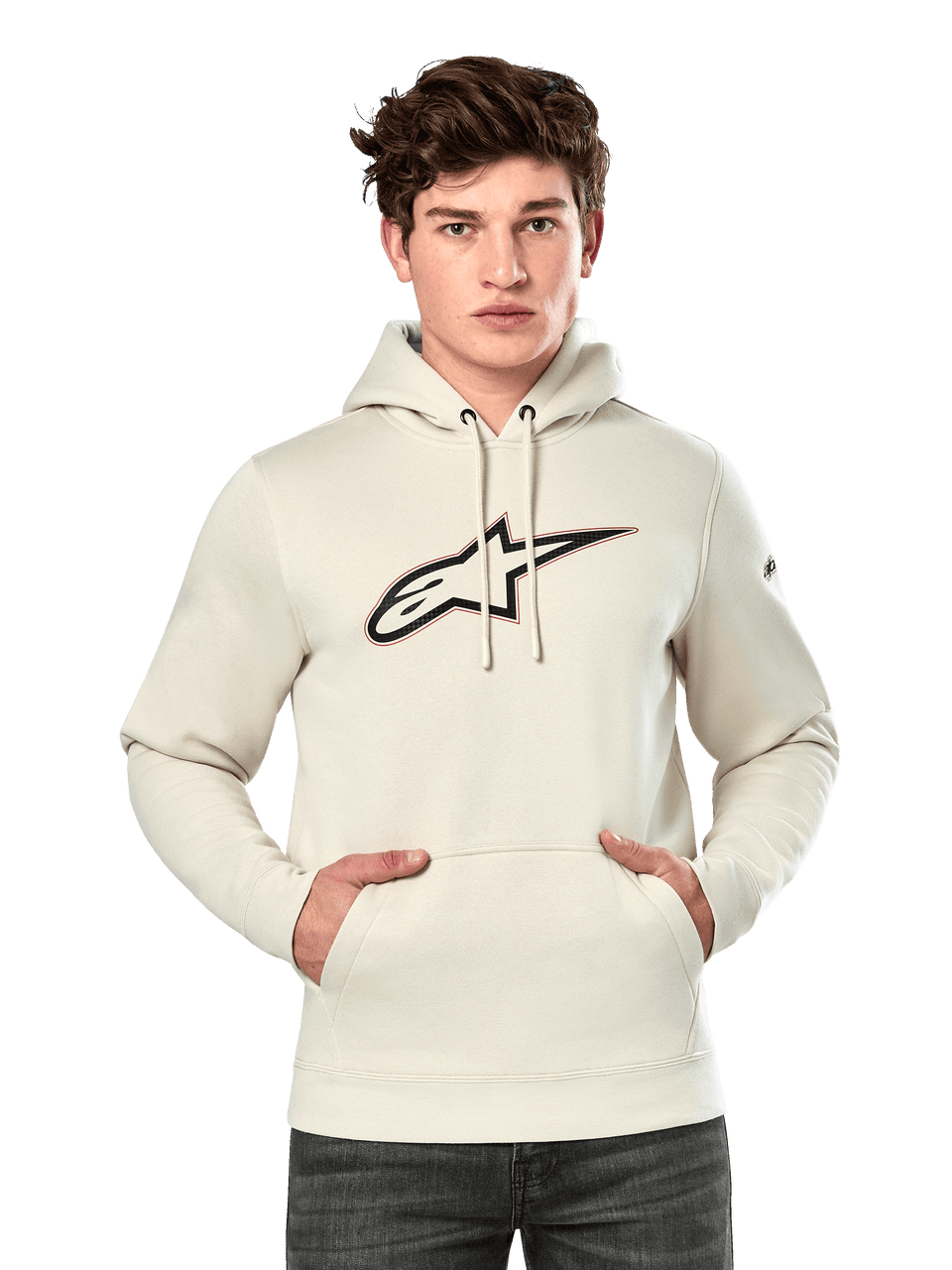 Alpinestars Insignia Hoodie, Off White pullover fleece, male model wearing hoodie with large carbon fiber look Alpinestars logo on chest featuring a red outline, kangaroo pocket, drawstring hood, casual motorsport-inspired streetwear