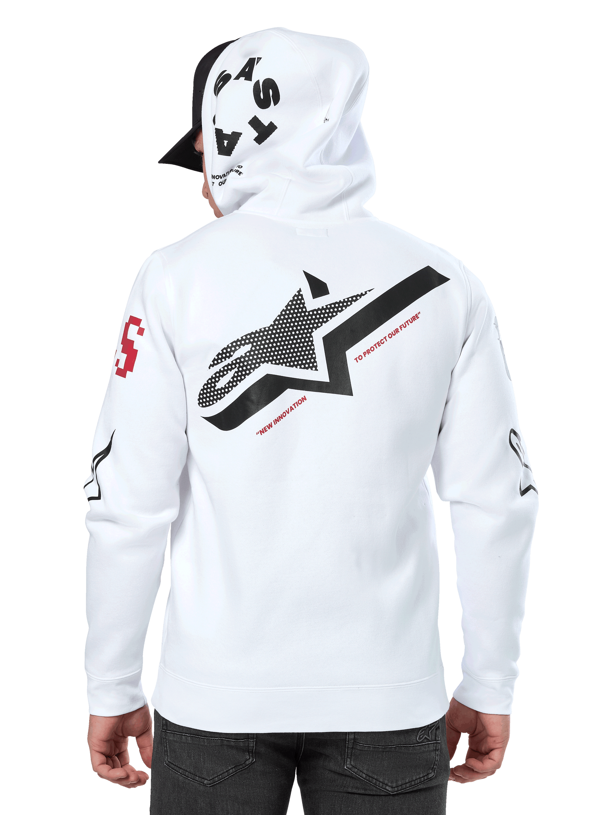 Alpinestars Variegate Hoodie, White, back view featuring a large black star logo with red text, multi-logo artwork on the sleeves and hood, casual motorsport streetwear