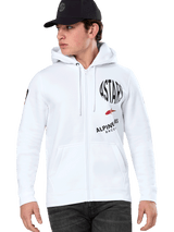 Alpinestars Variegate Hoodie, White Zip-Up Hoodie with black and red ASTARS racing graphics, worn by a model with a black cap and dark jeans, casual motorsport streetwear featuring a kangaroo pocket and drawstring hood