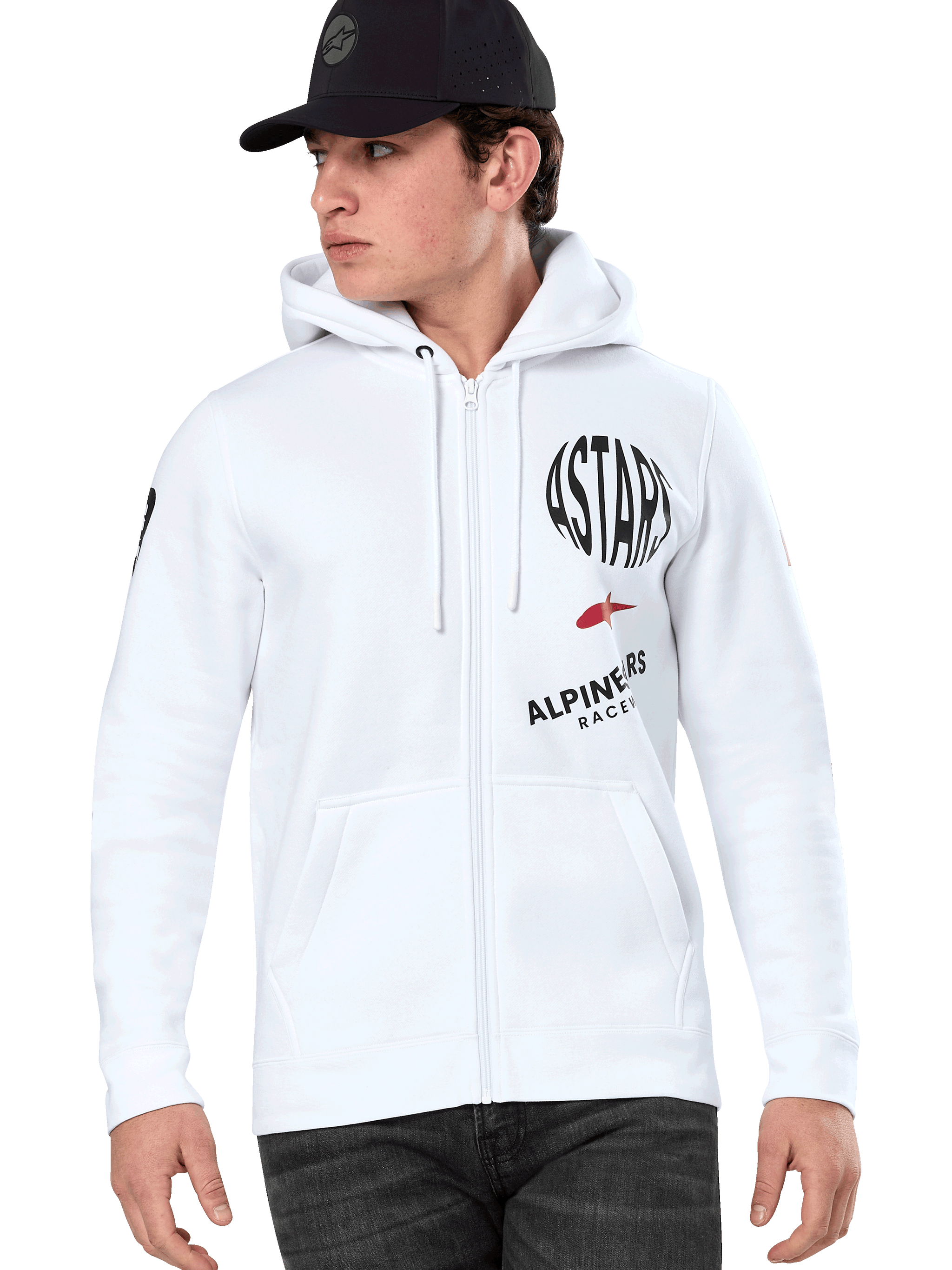 Alpinestars Variegate Hoodie, White Zip-Up Hoodie with black and red ASTARS racing graphics, worn by a model with a black cap and dark jeans, casual motorsport streetwear featuring a kangaroo pocket and drawstring hood