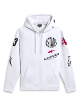 Alpinestars Variegate Hoodie, Zip Front Fleece Hoodie, White, Multi-logo art with black ASTARS circular text and red star logo on chest, graphics on sleeves, kangaroo pockets and drawstring hood, casual motorsport streetwear
