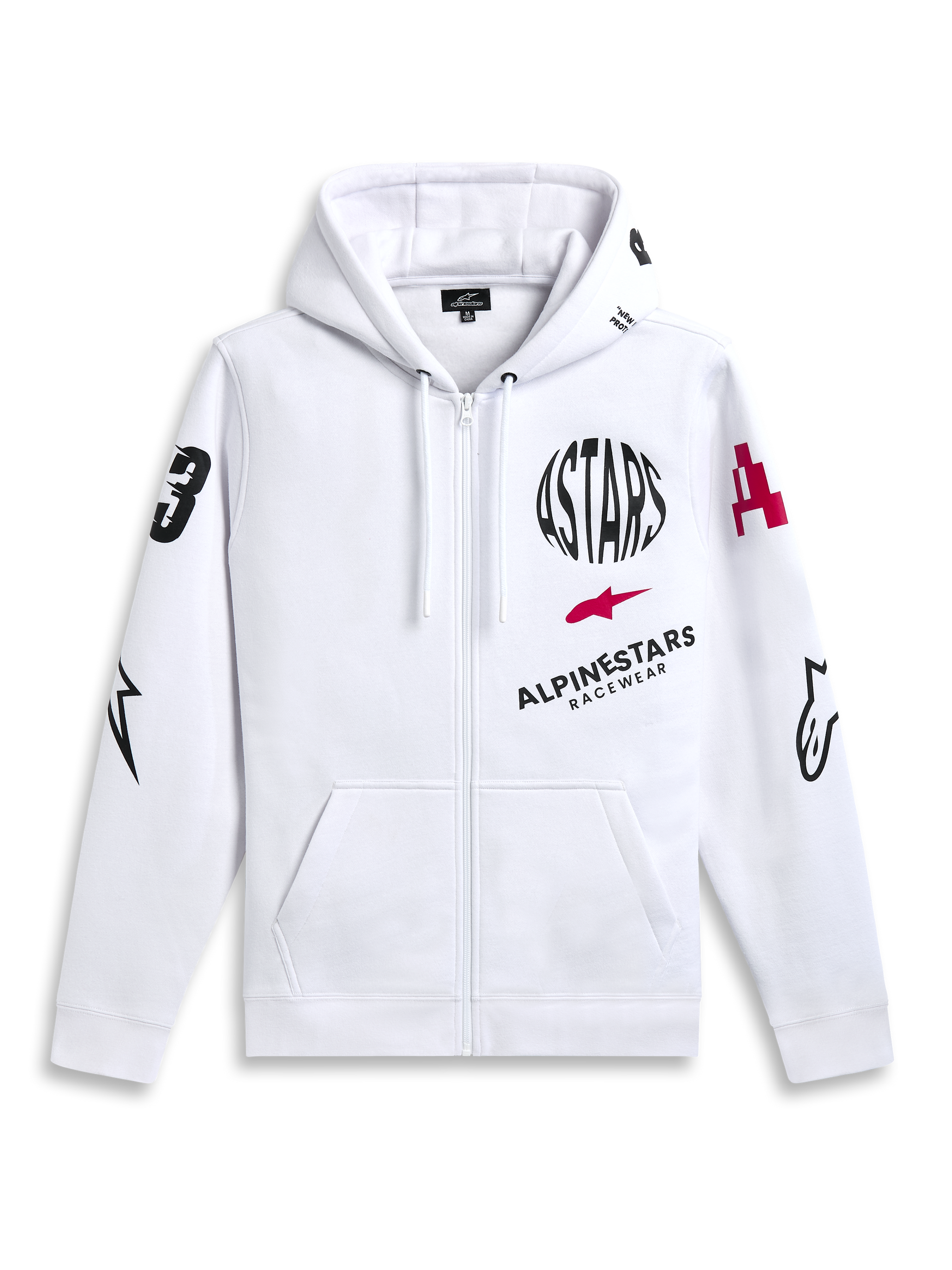 Alpinestars Variegate Hoodie, Zip Front Fleece Hoodie, White, Multi-logo art with black ASTARS circular text and red star logo on chest, graphics on sleeves, kangaroo pockets and drawstring hood, casual motorsport streetwear