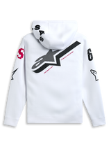 Alpinestars Variegate Hoodie, White, back view featuring large black star logo with red 'New Innovation' text, multi-logo artwork on sleeves and hood, casual motorsport-inspired streetwear