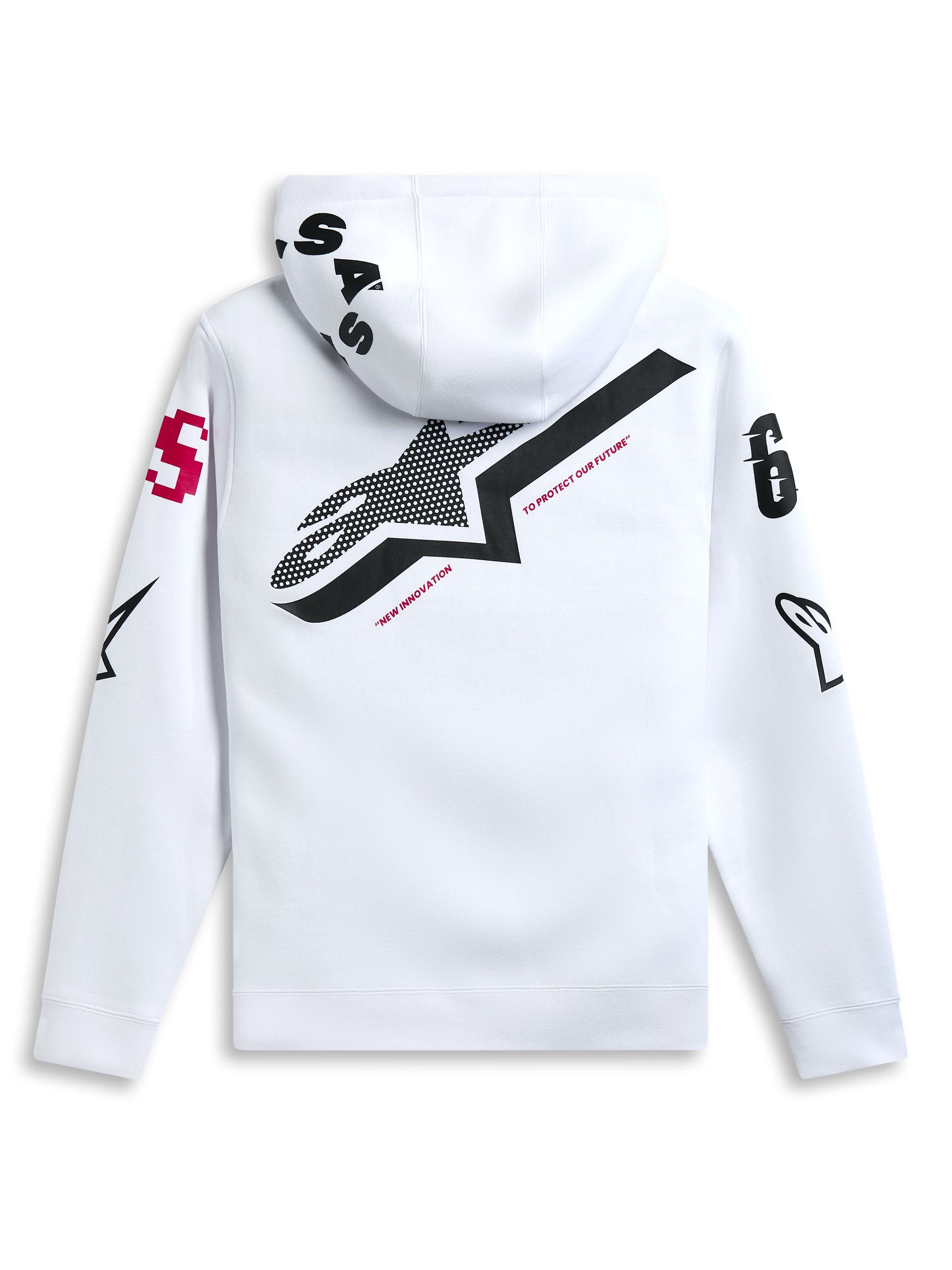 Alpinestars Variegate Hoodie, White, back view featuring large black star logo with red 'New Innovation' text, multi-logo artwork on sleeves and hood, casual motorsport-inspired streetwear