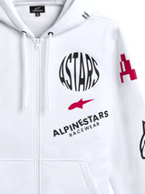 Alpinestars Variegate Hoodie, white zip-front fleece hoodie, featuring circular black ASTARS logo, red star symbol, and Alpinestars Racewear branding on the chest, casual motorsport streetwear