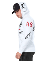Alpinestars Variegate Hoodie, White zip-front fleece hoodie, multi-logo artwork on the sleeves and hood featuring red 'AS' lettering and black star logo, worn by a man with a black cap, casual motorsport streetwear