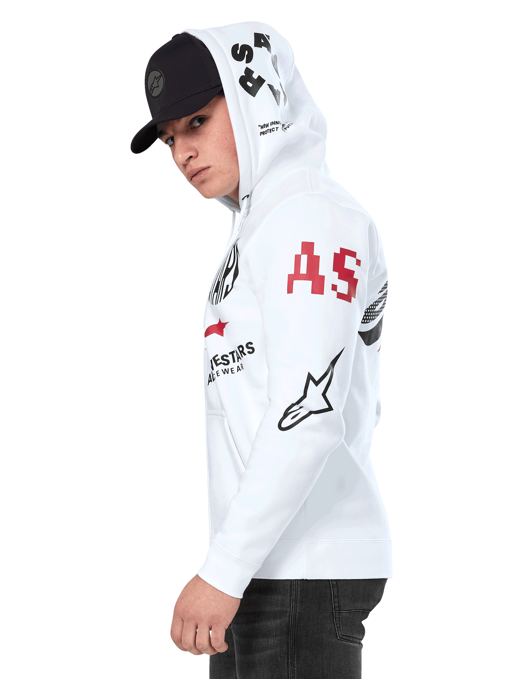 Alpinestars Variegate Hoodie, White zip-front fleece hoodie, multi-logo artwork on the sleeves and hood featuring red 'AS' lettering and black star logo, worn by a man with a black cap, casual motorsport streetwear