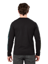 Alpinestars Ayess Csf Tee, Long Sleeve T-Shirt, Black, rear view showing blue and yellow printed graphics on sleeves, casual motorsport streetwear