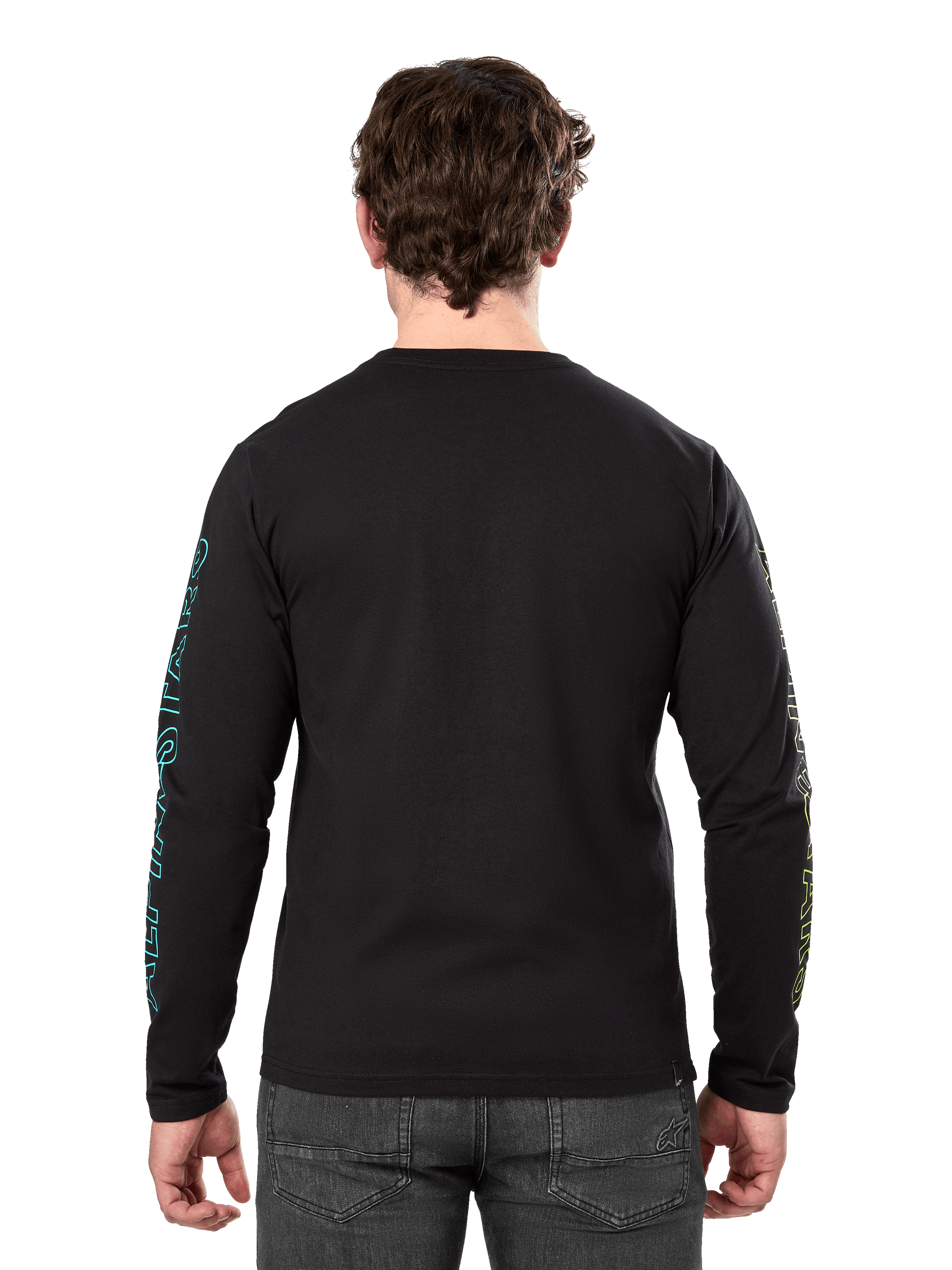 Alpinestars Ayess Csf Tee, Long Sleeve T-Shirt, Black, rear view showing blue and yellow printed graphics on sleeves, casual motorsport streetwear
