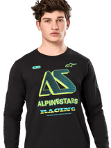 Alpinestars Ayess Csf Tee, Long Sleeve T-Shirt, Black, stylized AS graphic with neon yellow and teal accents, ALPINESTARS RACING branding, casual motorsport streetwear