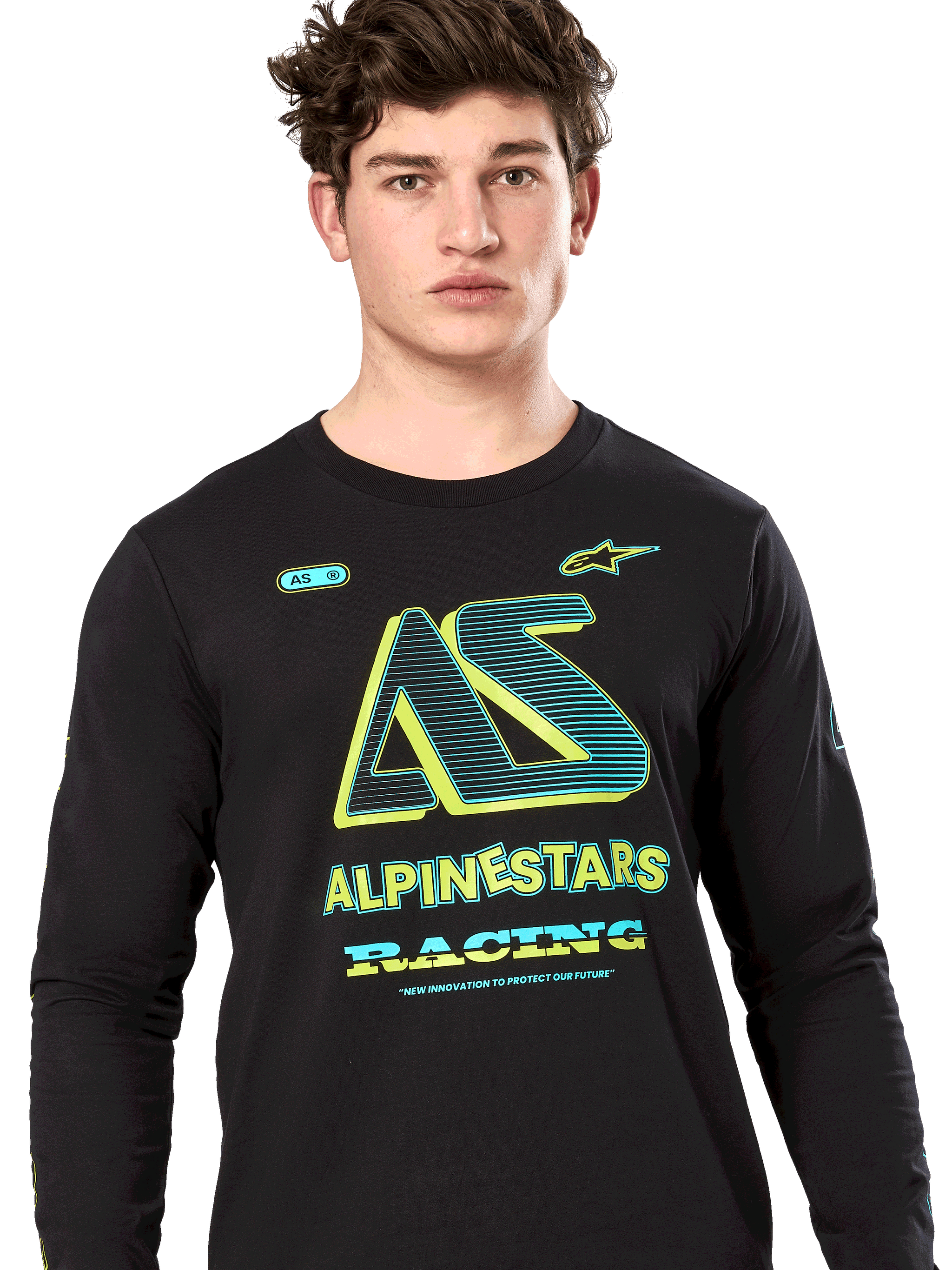 Alpinestars Ayess Csf Tee, Long Sleeve T-Shirt, Black, stylized AS graphic with neon yellow and teal accents, ALPINESTARS RACING branding, casual motorsport streetwear